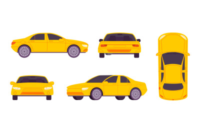 Sedan sides view. Yellow auto car or taxi template side front back top