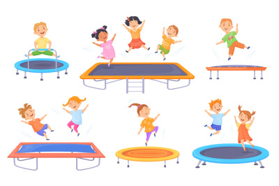 Kids trampolines. Children jump center, energetic kid boy and girl jum