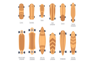 Skateboard types. Wood deck skateboards, boardwalk longboard different