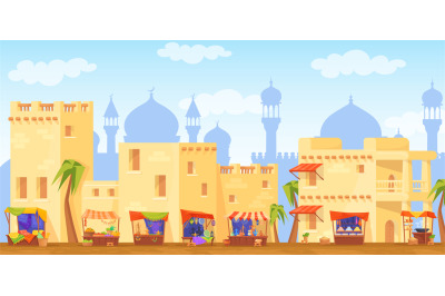 Traditional arabic market. Panorama arabian bazaar ancient building, a