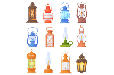 Cartoon oil lanterns. Camping lantern or old kerosene gas lamp with ho
