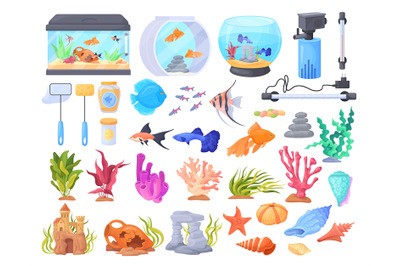 Aquarium equipment. Aquaristic elements, underwater decorations for fi