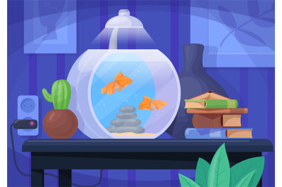 Indoor aquarium. Cartoon room interior with fish pet tank under lamp o