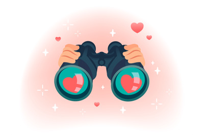 Binocular search love. Man hands holding binoculars glasses and lookin