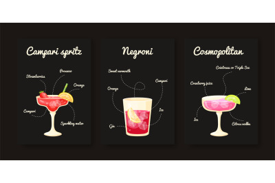 Cocktail recipe posters. Campari spritz cosmopolitan negroni cocktails