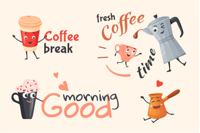 Coffee pot characters. Cartoon moka coffeepot and coffe cup friends le