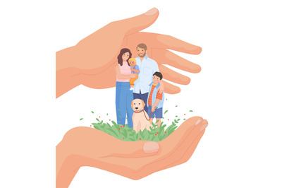 Hands protect family. Families care service concept for insurance adve
