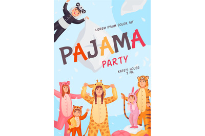 Pajama party invitation. Child teenager and adult people invite friend