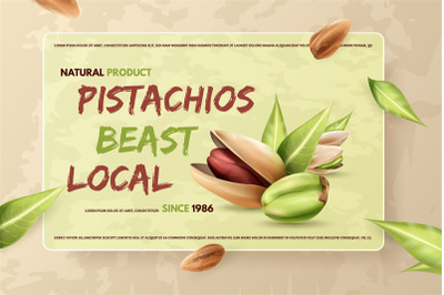 Pistachios banner. Pistachios flyer or brand label design with text on