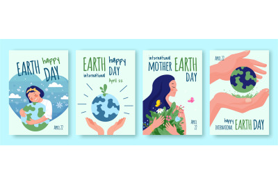 Renewable earth posters. World planet day card, girl hugging green glo