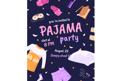 Sleepover invite. Pajama party invitation card, holiday sleep over in