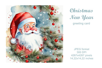 Santa Claus watercolor greeting card, illustration. Christmas New Year
