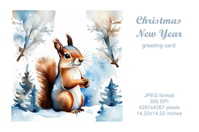 Christmas squirrel watercolor greeting card, illustration.
