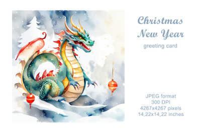 New Year dragon watercolor greeting card, illustration. Symbol of 2024