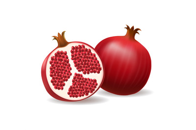 Realistic pomegranate whole and half