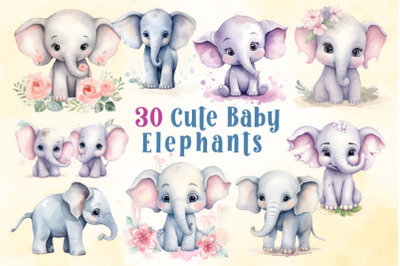 30 Watercolor Baby Elephant Clipart