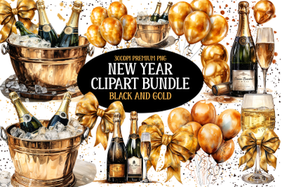 Watercolor Gold &amp; Black Clipart Bundle | New Year Clipart