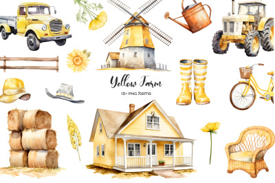 Watercolor yellow farmhouse elements clipart. Yellow village life