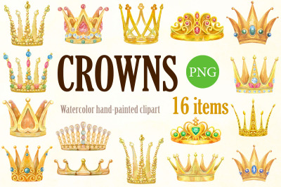 Watercolor golden crowns. Big set 2
