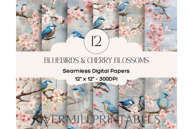 Bluebirds &amp; Cherry Blossoms On Barnwood Digital Paper Pack