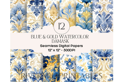 Blue &amp; Gold Damask Digital Paper Pack