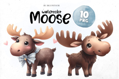 Cute Watercolor Moose Bundle | PNG cliparts