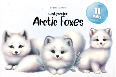 Cute Watercolor Arctic Foxes Bundle | PNG cliparts