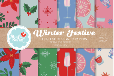 Winter Festive Digital Papers, Retro Pattern Bundle, Christmas, Winter