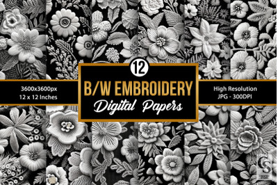 Black &amp; White Floral Embroidery Digital Papers