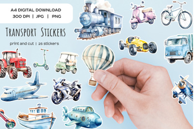 Watercolor transport stickers. Vehicles print &amp; cut stickers