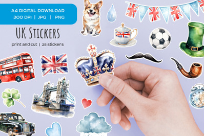Watercolor UK stickers. London England sticker. British print &amp; cut