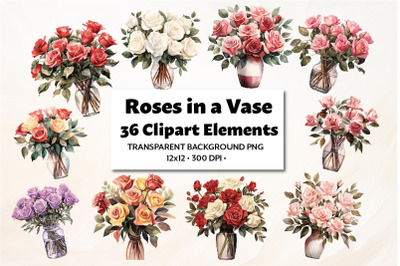 Rose in a Vase Clipart,36 PNG Elements, Watercolor