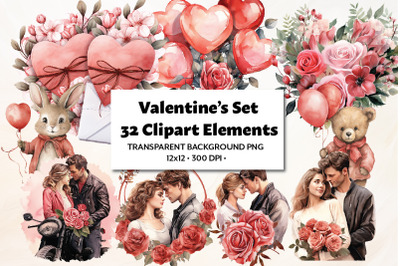 Valentine&#039;s Set, Clipart, 32 PNG Elements, Watercolor