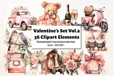Valentine&#039;s Set Vol.2, Clipart, 36 PNG Elements, Watercolor