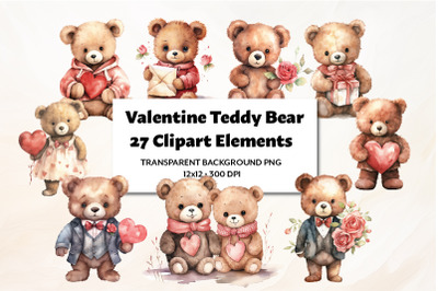 Valentine Teddy Bear Clipart,27 PNG Elements, Watercolor