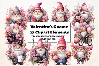 Valentine Gnome Clipart,27 PNG Elements, Watercolor