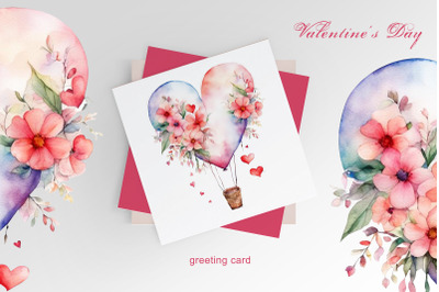 Valentine watercolor greeting card, sticker. Heart balloon. Romance, Love.