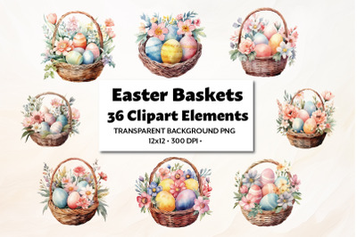 Easter Basket Clipart, 36 PNG, Watercolor