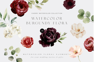 Burgundy Watercolor Floral Collection, Autumn Clipart