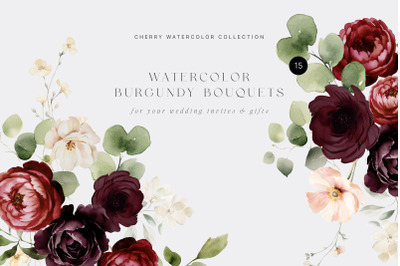 Burgundy Watercolor Bouquets Collection, Autumn Clipart