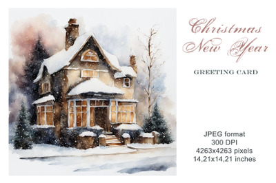 Christmas house watercolor illustration. New Year. Winter house.