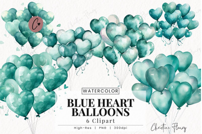 Watercolor Blue Heart Balloons Clipart