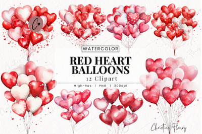 Watercolor Red Heart Balloons Clipart