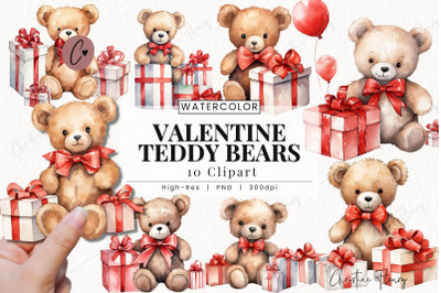 Watercolor Valentine Teddy Bears Clipart