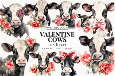 Watercolor Valentine Cows Clipart
