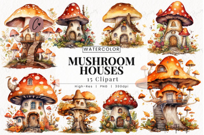 Watercolor Mushroom Houses Clipart