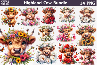 &nbsp;Highland Cow Flower Sublimation Bundle | Cow Floral Clipart