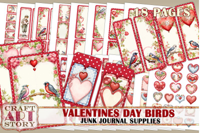 Junk Journal Supplies set Valentines Day Birds, kit tags