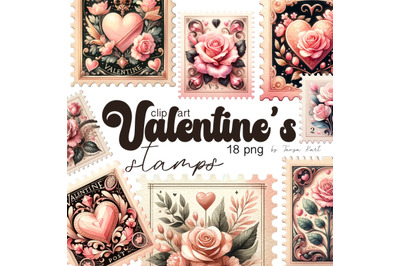 Valentine&#039;s Day Retro Clip Art with Vintage Stamps, Postage