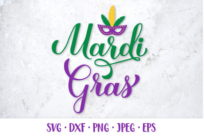 Mardi Gras hand lettered SVG. Carnival mask with feathers